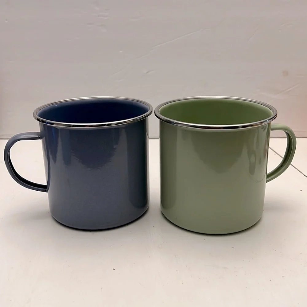 Pair of Pottery Barn Enamel Oversized Camper Mugs